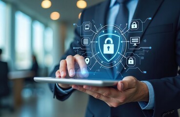 Businessman uses tablet to explore cyber protection methods. Focuses on modern tech solutions for cyber security. Delves into cyber threats, cyber security concepts. Illustrates core cyber protection