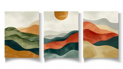Obraz premium Three abstract landscape paintings with a sun in the middle one. The paintings are in green, orange and beige tones.