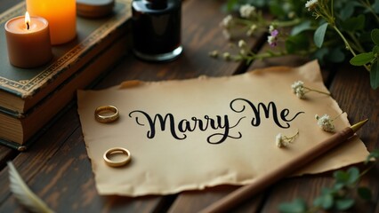 A natural proposal scene with a handwritten "Marry Me" note, an engagement ring on vintage books, scattered wildflowers, and warm candlelight, evoking organic, romantic charm.