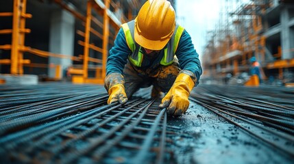 Construction Worker Arranging Steel Rebar for Foundation