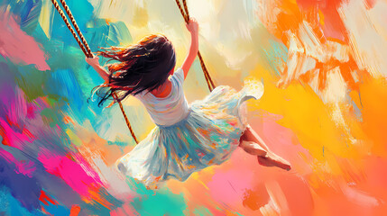 young girl colorful swinging