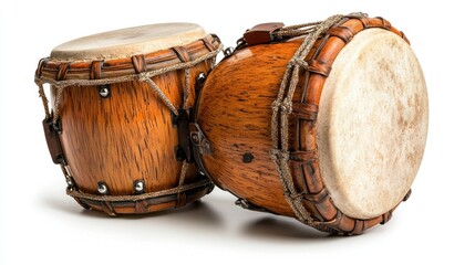 Wooden Drums with Leather Heads on White Background