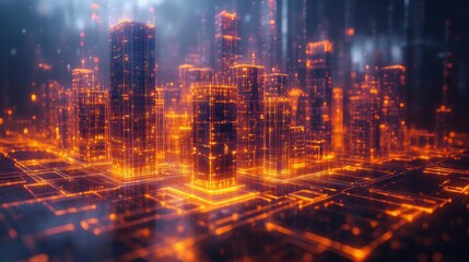 Fototapeta premium Digital Cityscape with Glowing Towers and Circuitry
