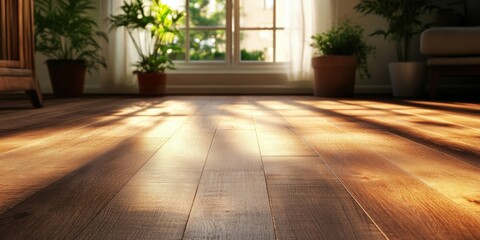 Rustic wooden floor with diffused lighting cozy room interior design natural warmth low angle view