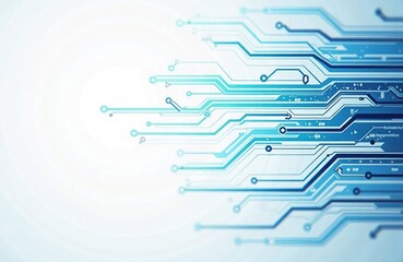 Abstract graphic design shows tech circuit lines. Light blue lines on white background. Modern tech, digital connection design. Digital circuit board pattern. Intricate network of connections.
