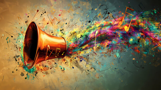 A multicolored bell unleashes a vivid spray of musical notes, symbolizing the harmony and ebullience of sound as it artfully bursts in a spectrum of colors and feelings. Ebullience. Illustration