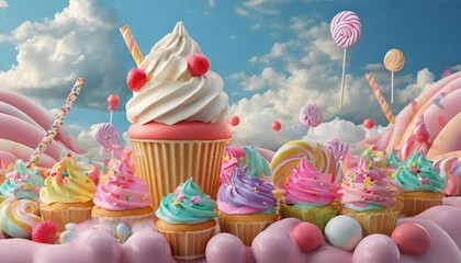 Immerse yourself in a magical Candyland background, bursting with vibrant colors and delightful treats. This enchanting scene showcases whimsical cupcakes, a variety of candies, and dreamy
