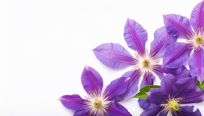 Obraz premium Closeup of Blooming Clematis Flowers and Petals Isolated on White Background. Top View of Flower with Empty Space.