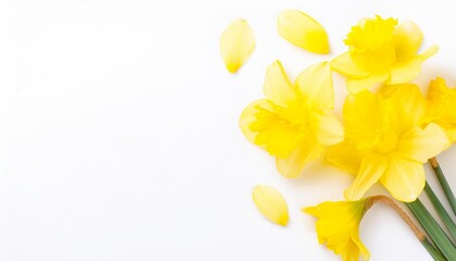 Fototapeta premium Closeup of Blooming Daffodil Flowers and Petals Isolated on White Background. Top View of Flower with Empty Space.