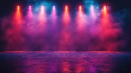Obraz premium Neon Lights and Foggy Stage Background