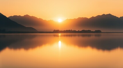 Fototapeta premium A serene sunrise reflecting on a calm mountain lake with silhouettes of mountains in the background.