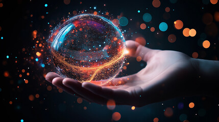 Enchanted Orb: A hand gently cradles a vibrant, glowing orb, swirling with cosmic energy and sparks.  The image evokes mystery, magic, and the potential for discovery.