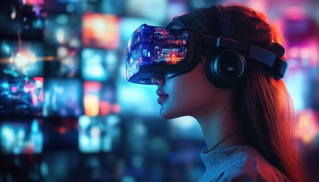 Digital Streaming Platforms and Online Media in a Futuristic Society with Virtual Reality and Cyberpunk Aesthetics