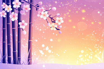 Obraz premium Bamboo and plum blossoms with glowing accents create serene atmosphere