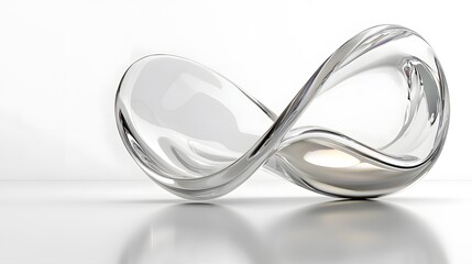 Abstract glass sculpture in infinity shape, reflecting light on white background.