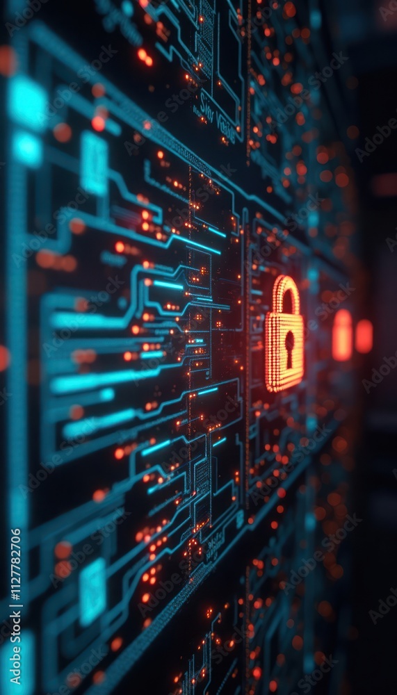 Poster digital circuit board with glowing lines, dots. secure data protection concept. system security, ris