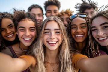 Fototapeta premium Group selfie of happy diverse friends laughing outdoors - Cheerful youth celebrating friendship together - Multiracial students enjoying fun moments outside