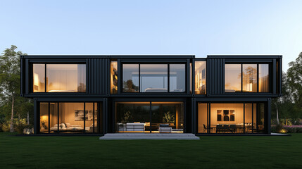 Fototapeta premium Modern Black Container Home: A sleek and contemporary home design with a minimalist aesthetic and a focus on sustainability. The exterior is made of black shipping containers.