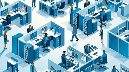 Obraz premium Isometric view of a busy office environment with many employees working at their desks.