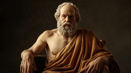 Aged philosopher, draped, seated, pensive gaze.