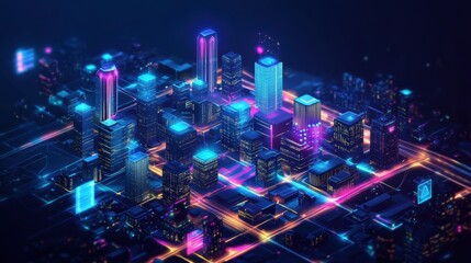 Digital transformation in a futuristic urban metaverse aerial nighttime cityscape visualization