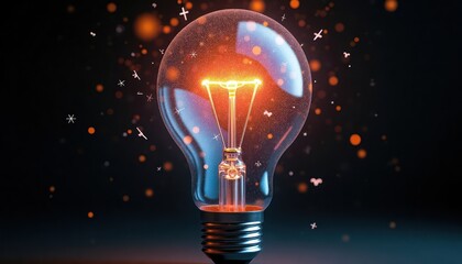 Digital rendering lightbulb filled abstract shapes patterns represents new ideas complexity depth. Lightbulb glows bright orange light. Abstract shapes inside bulb symbolize innovative thinking.