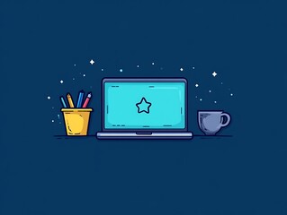Laptop Workspace with Pencils Coffee and Star