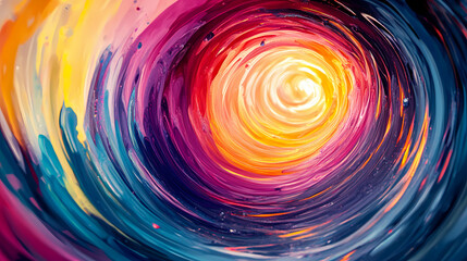 Circular burst of vibrant colors, dynamic ink in water effect, rainbow hues swirling around, bright and energetic, vivid and artistic. Ebullience. Illustration