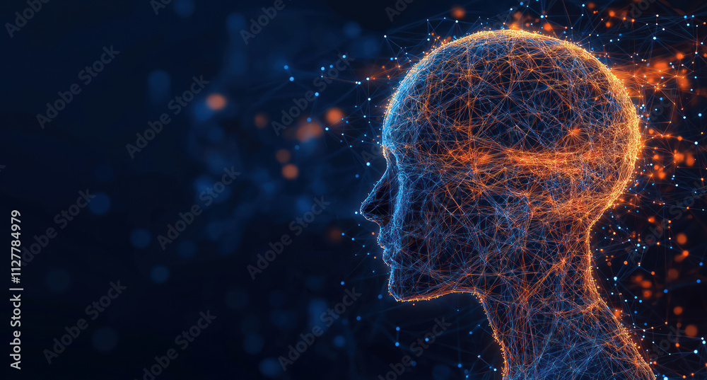Aufkleber Digital ai concept. Futuristic head profile. Networked structure glowing. Abstract cyber art. Visual representation of artificial intelligence. Modern design. Innovation, tech. Interconnected node