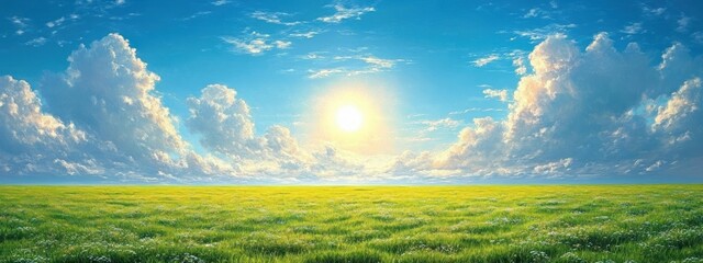 Fototapeta premium Vibrant Green Field Under Blue Sky with Fluffy Clouds and Radiant Sun in Impressive Landscape