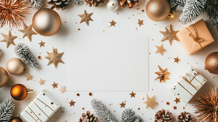 Christmas Festive Mockup: Elegant gold and blush pink Christmas decorations arranged around a blank card, perfect for your holiday greetings or announcements.