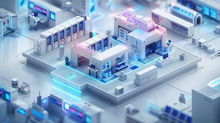 Obraz premium Isometric view of a futuristic, high-tech laboratory with advanced equipment and glowing blue lines.