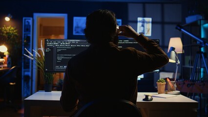 Software engineer writes complex binary code scripts on computer, close up. Teleworking IT...
