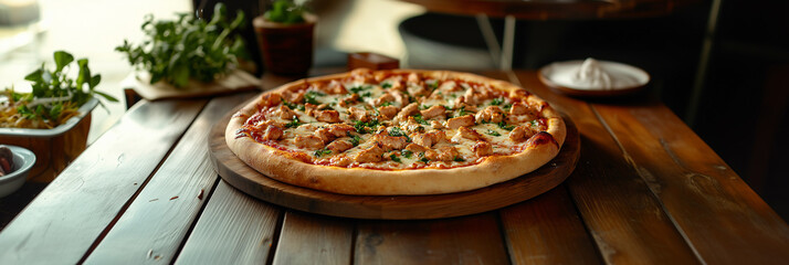 Delicious chicken pizza on a wooden table panorama image