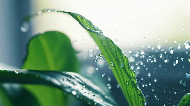 Glistening microgreen sprout close-up video in soft light, water droplets cling to its surface