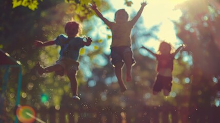 Defocused frenzy of airborne kids jumping and flipping.