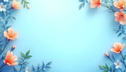 Fondo de primavera con fondo azul pastel, flores blancas y hojas delicadas en el borde