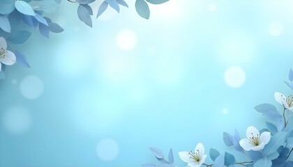 Fondo de primavera con fondo azul pastel, flores blancas y hojas delicadas en el borde