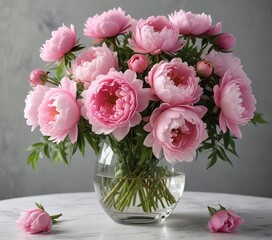 Obraz premium A beautiful bouquet of pink peonies and roses in a delicate glass vase, feminine elegance, floral arrangement