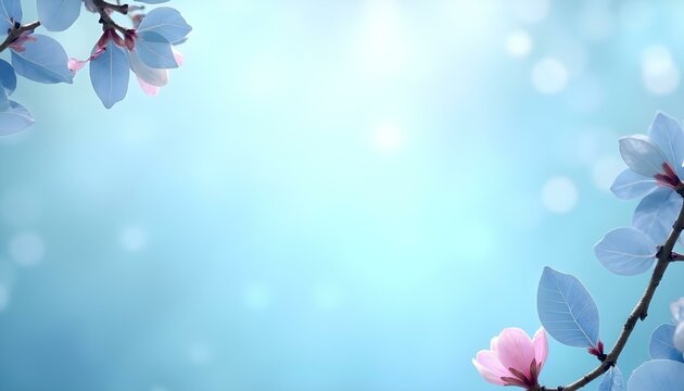 Fondo de primavera con fondo azul pastel, flores blancas y hojas delicadas en el borde