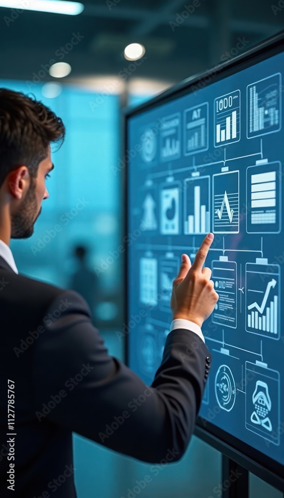 Poster businessman interacts with interactive display. man uses touch screen to manage global business stra