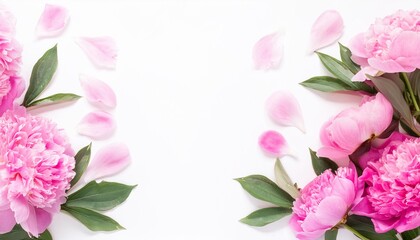 Fototapeta premium Closeup of Blooming Peony Flowers and Petals Isolated on White Background. Top View of Flower with Empty Space.