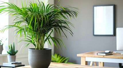 Fototapeta premium Lush Parlor Palm in a Gray Pot on a Wooden Table
