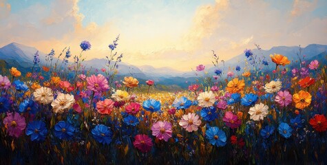 Fototapeta premium Vibrant Summer Meadow with Wildflowers Daisies Blue Sky and Golden Light