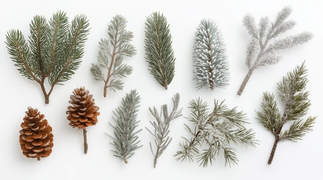 A collection of winter greenery and pine cones arranged on a white background.