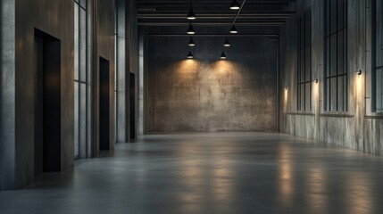Softly lit industrial space with concrete floor modern design urban setting neutral colors