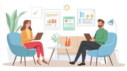 A financial management professional presenting a savings strategy to a young couple in a cozy office