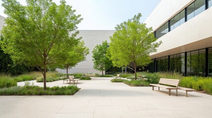 Modern office building courtyard with rich trees, benches. Green space for relaxation, socializing. Light beige paving stones create calming atmosphere. Plenty of seating options for staff, visitors.