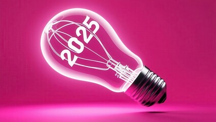 A glowing light bulb with the year 2025 displayed, set against a vibrant pink background, symbolizing innovation and future ideas.