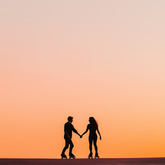 Fototapeta premium Minimalist approach, silhouette of a couple holding hands while rollerblading at sunset, soft orange and pink hues, clean composition emphasizing connection and motion